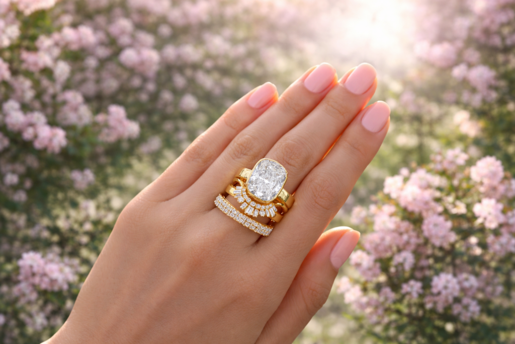 Elegant diamond ring stack in springtime light
